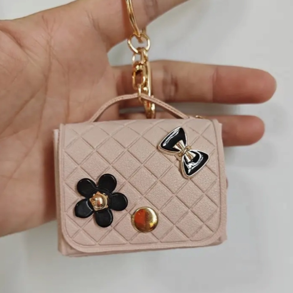 Mini Wallet Keychain  - Plaid Pattern, C-Hook Closure - Pink
